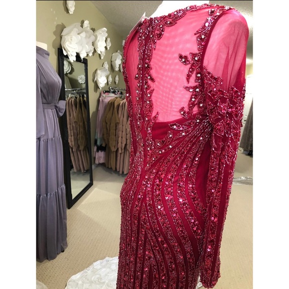 Burgundy Long sleeved beaded Evening Gown - Picture 4 of 4